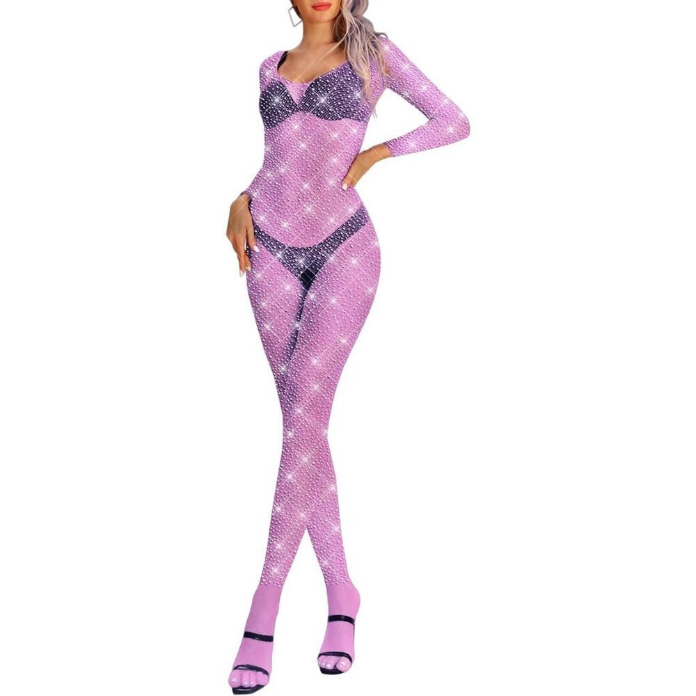 🆕Women Pink Classic Fishnet Body Stocking Lingerie Sparkle Stockings One Piece